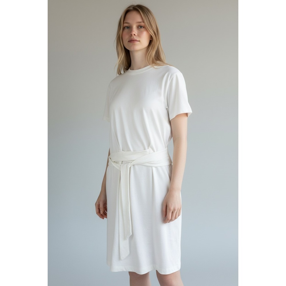 Vince White Short Sleeve Tie Waist Dress Size Medium Tee Shirt Minimalist NEW